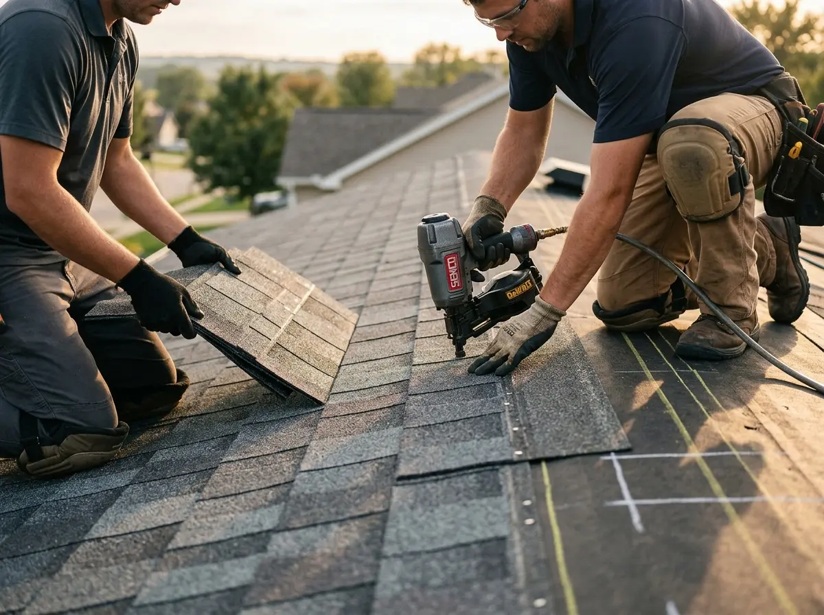 Professional roofer working on a residential roof in St. Anthony